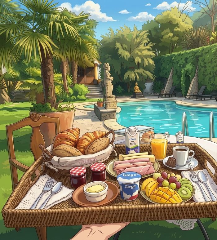 Tabuleiro de pequeno-almoço junto à piscina da Quinta do Vale Encantado